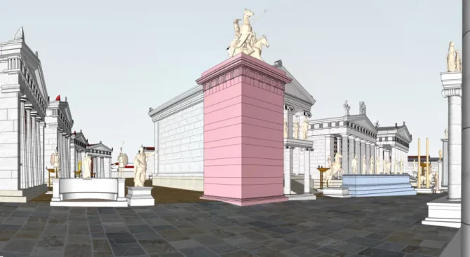 Figure 11. Monuments pergaméniens en marbre rose et bleu (étude Fr. Herbin) ; à gauche façades des  Trésors 1-5 et à droite façades des temples