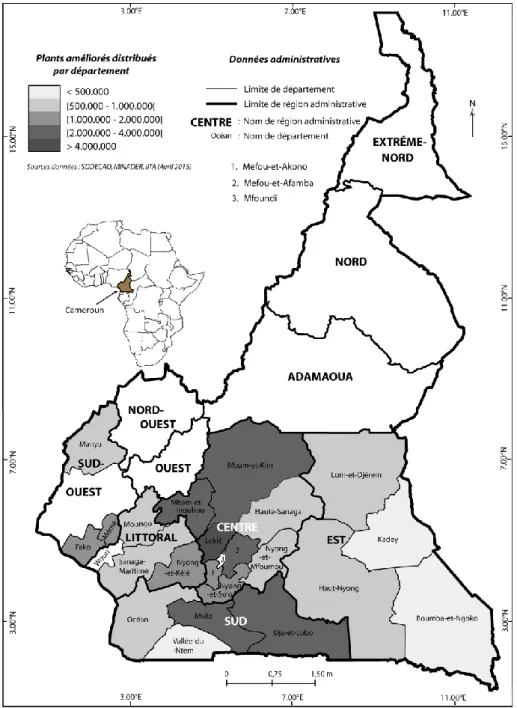 Figure 3. Distribution de plants améliorés dans les bassins de production au Cameroun (2009-2013) 