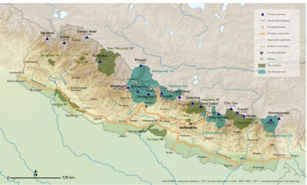 Fig 1 – Infrastructures de transports majeures et espaces protégés au Népal 