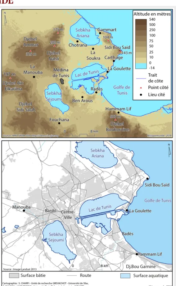 Figure 1. Localisation et cadre géographique : tissu urbain (en haut) et topographie de l’agglomération de Tunis (en bas).