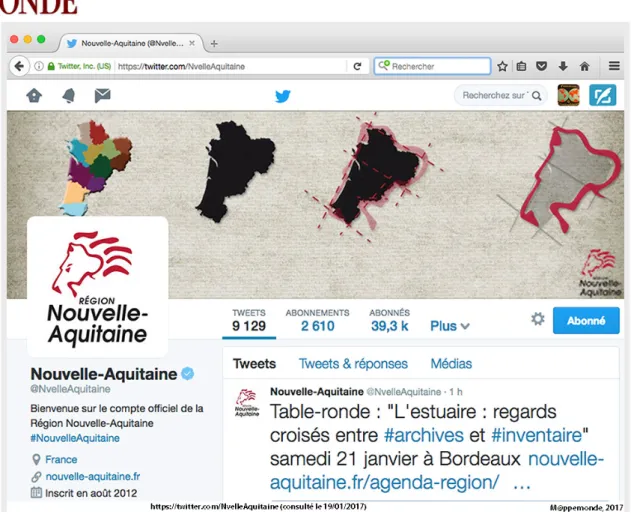 Figure 4. Capture d’écran du compte Twitter de la Nouvelle-Aquitaine. Source : https://twitter.com/NvelleAquitaine (consulté le 19/01/2017).