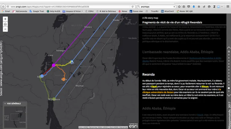 Figure 3. Capture d’écran de la mise en carte du récit d’O.G. à l’aide de ESRI Story Maps (carte accessible sur Internet : arcg.is/1p5vENT).