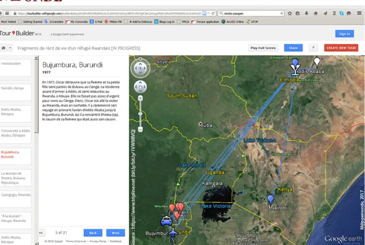Figure 2. Capture d’écran de la mise en carte du récit d’O.G. à l’aide de Google Tour Builder (carte accessible sur Internet : bit.ly/1VWMlVQ).