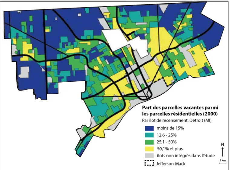 Figure 2. Les parcelles résidentielles vacantes à Detroit (2000). Réalisation : F. Paddeu, 2015.