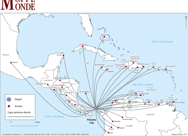 Figure 3. Lignes aériennes directes au départ de Panama City vers les États de l’AEC en 2014.
