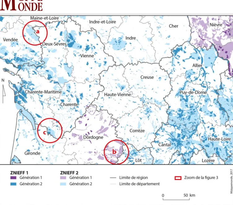 Figure 2. Les contrastes régionaux de la base de données Znieﬀ actualisée (au 15/09/2014)