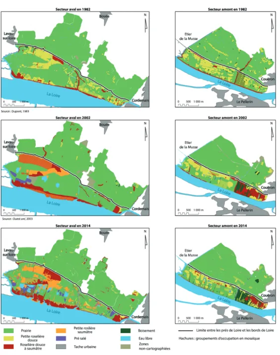 Figure 2. Cartes des groupements de végétation sur les deux secteurs d’étude (1982, 2002, et 2014).