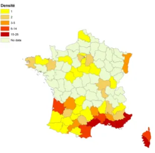 Figure  8  :  Distribution  géographique  à  l'échelle  départementale  des  premières  localisations  détectées  des  insectes exotiques introduits de manière accidentelle et établis en France  métropolitaine