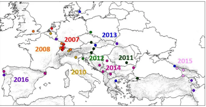 Fig.  3 :  Carte  restituant  les  signalements  de  la  pyrale  du  buis,  Cydalima  perspectalis,  en  Europe