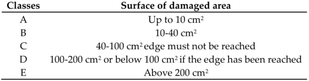 Table 4. FR classifications according to French standard norms  Classes  Surface of damaged area 