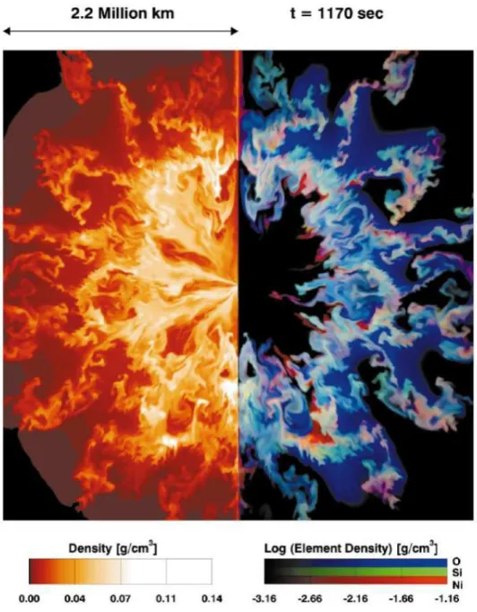 Figure 2.6 Explosion d’une ´etoile de 15 M ⊙ (d’apr`es Kifonidis et al. 2000 ; Woosley et al