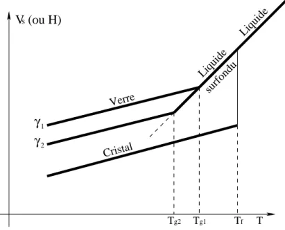 Fig. 1.1 – Diagramme de phase sch´ematique montrant la continuit´e de la phase liquide vers la phase surfondue
