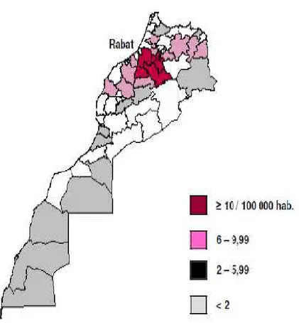 Figure 19:Répartition géographique de l’incidence du kyste hydatique au Maroc  pour 100 000 habitants (2011) [8] 