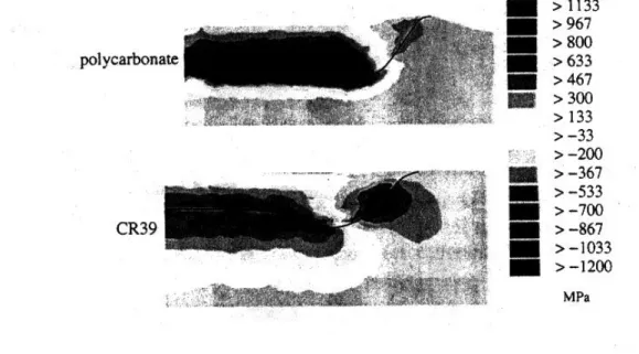 Figure 3.9 : visualisation de contraintes longitudinales issues de  simulation numérique [12] de rayure avec un cône de 30° pour 2 polymères