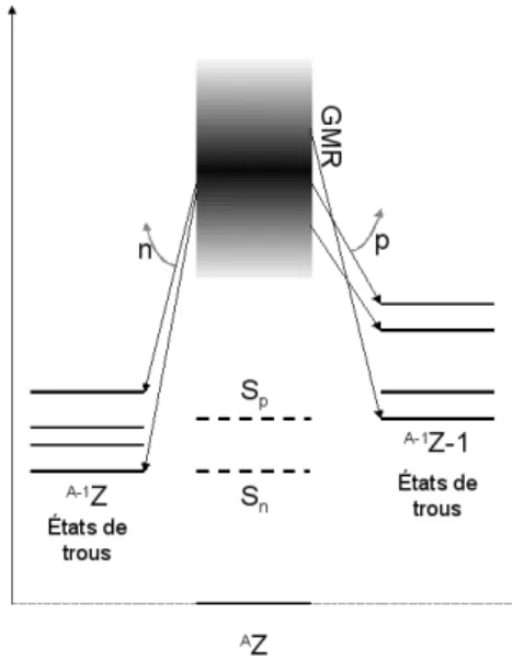 Figure 2.4: Schéma de la décroissance directe d’une résonance géante (monopo- (monopo-laire) par émission de nucléons vers les états de trous d’un noyau A Z.