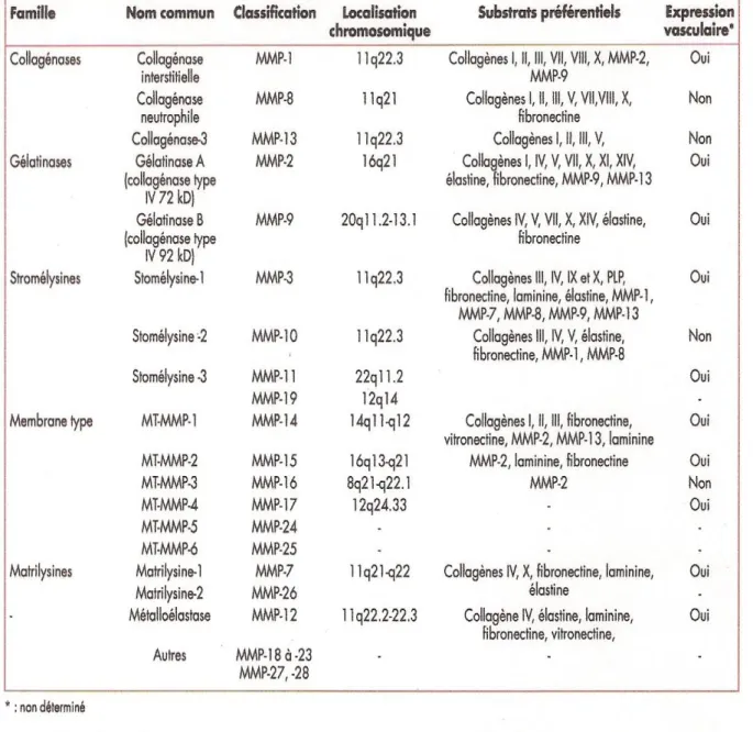Tableau  I :  Classification  des  MMPs,  et  leur  expression  au  niveau  vasculaire  d’après Shah PK et Galis ZS