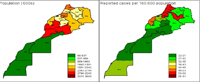 Figure 2 : Incidence de la tuberculose par région Maroc en 2006  [161] 