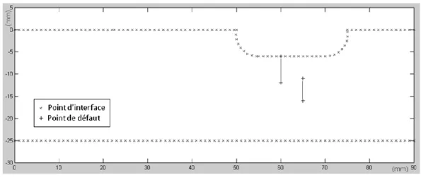 Figure 2.9 : Position des points de discrétisation des interfaces et des défauts de la pièce