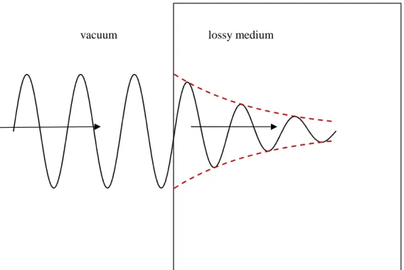 Figure 2.3: the amplitude of a wave passing from a vacuum to a lossy medium. The wave’s magnitude  is attenuated exponentially in the lossy medium