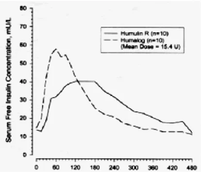 Figure 13.  Pharmacocinétique de l’insuline Lispro (Humalog©) et de l’insuline   humaine ordinaire injectées immédiatement avant un repas riche en glucides  