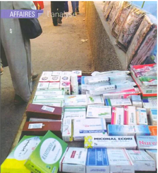 Figure 1 : Des médicaments exposés librement dans un marché [28] 