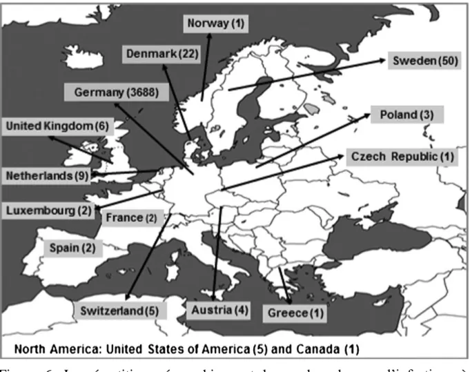 Figure  6.  La  répartition  géographique  et  le  nombre  de  cas  d’infections  à  Escherichia  coli  entérohémorragique  O104:  H4  dans  les  pays  en  Europe  et  en  Amérique du Nord
