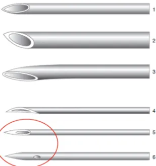 Figure 8 : Différents biseaux des aiguilles de rachianesthésie [132]. 