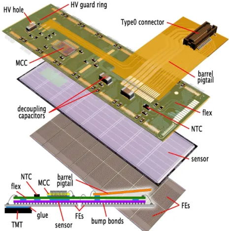 Figure 3.2: Layout of an ATLAS pixel module [34].