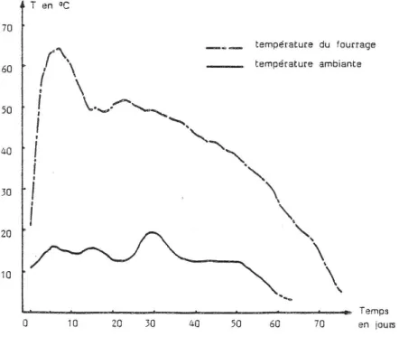 Figure 8 : Evolution de la température moyenne d'une balle ronde d'un fourrage de brome récolté à 69,4 %  de MS 