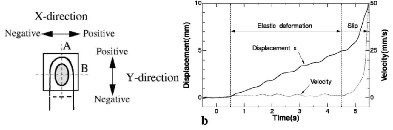Figure 1.14 – A gauche, les deux directions d’application du chargement transverse d´ efinies par Nakazawa et al 2000 [72], ` a droite, le d´ eplacement g´ en´ er´ e par un chargement transverse pilot´ e en force dans la direction X (ainsi que la vitesse d