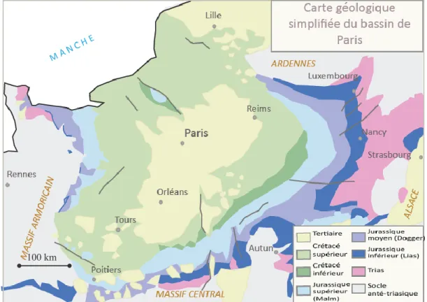 Figure I-4 : carte géologique simplifiée  du bassin de Paris modifiée d’après Mégnien et Debrand-Passard (1980) 