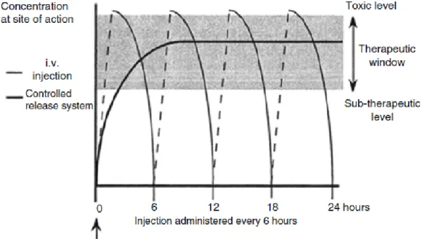 Figure 1: Profil des concentrations du PA au site d’action   en fonction du temps avec ou sans vectorisation