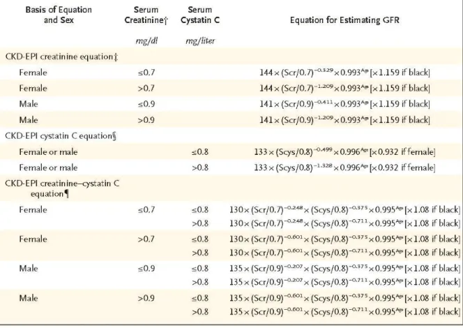 Tableau VI: Formule (CkD-EPI ) basée sur la Cys C  seul ou en association avec la créatinine  (Scr : Créatininémie  en md∕dl ; Scys : Cystatine C sérique en mg ∕l )  [87] 
