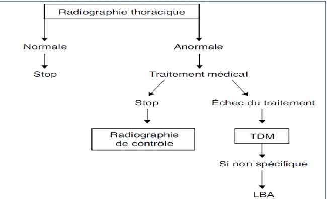 Figure 6   : Algorithme d’exploration d’un patient immunocompétent   suspect de pneumopathie infectieuse