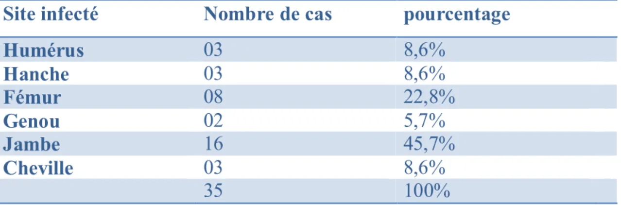 Tableau 3 : Distribution des ostéites chroniques selon le site d’infection  Site infecté  Nombre de cas  pourcentage 