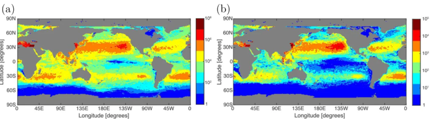 Figure 1.3 – Concentrations globales de plastiques à la surface de nos océans et nos mers présentées en nombre, en pièces/km 2 (a) et en masse, en g/km 2 (b)