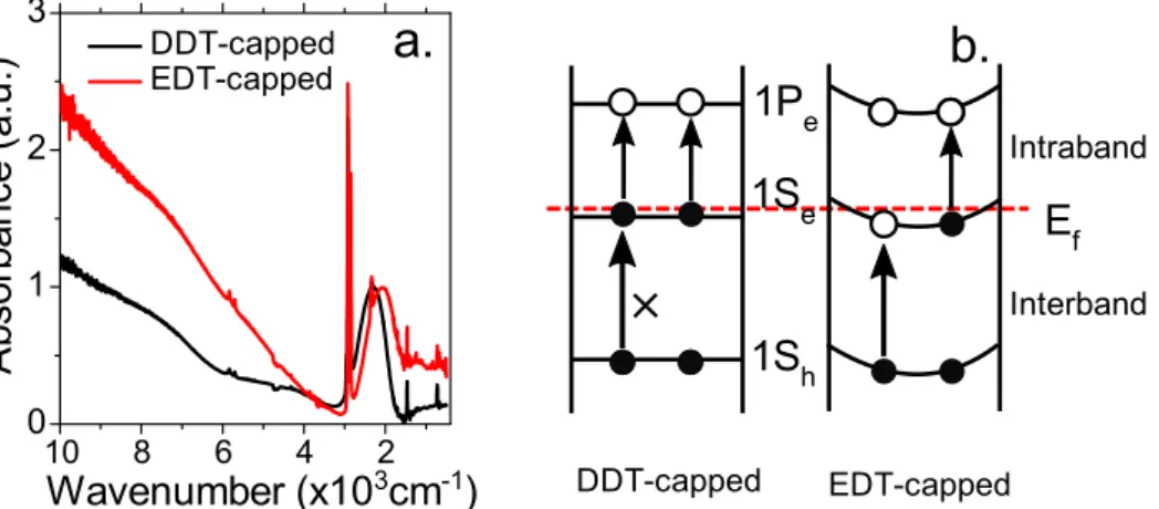 Figure II.11 (a) FTIR spectra of 5 nm Ag 2 Se capped with DDT and EDT ligands. (b) A scheme  describing the band bending and doping conditions of the Ag 2 Se nanocrystals capped with  DDT and EDT
