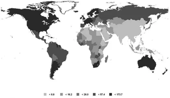 Figure 8: World age-standardized prostate cancer incidence by country (rate  per 100,000 men)