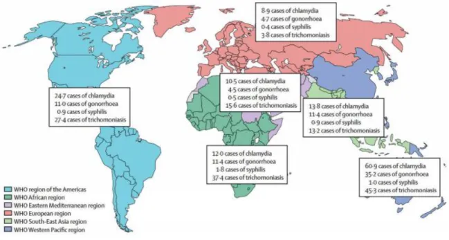 Figure 15: Estimation de la répartition mondiale de l’incidence des IST en 2012 [90] 