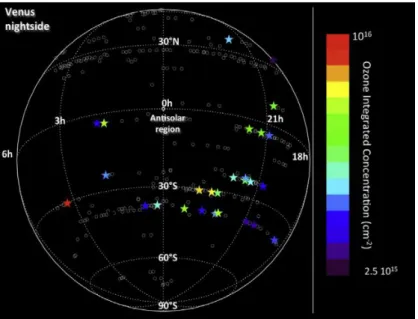 Figure 2.3. The spatial distribution of the first reported detection of ozone in the mesosphere of Venus  (Montmessin et al., 2011)