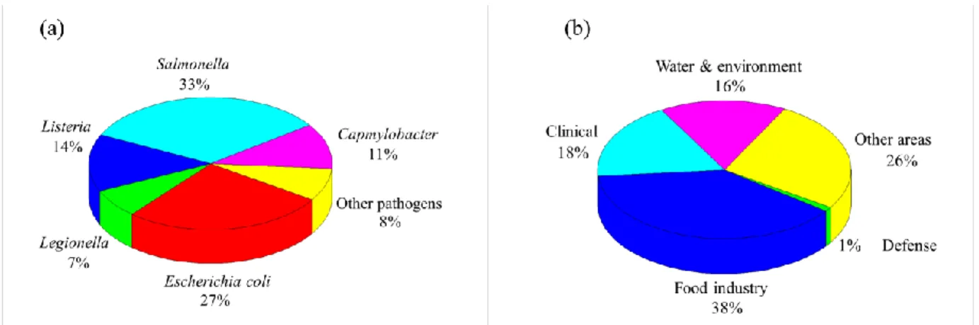 Figure 1. (a) Sectors of interest for pathogen detection, (b) Classification of studies in the  literature on detection of pathogenic bacteria by micro-organism type (Source: ISI Web of 