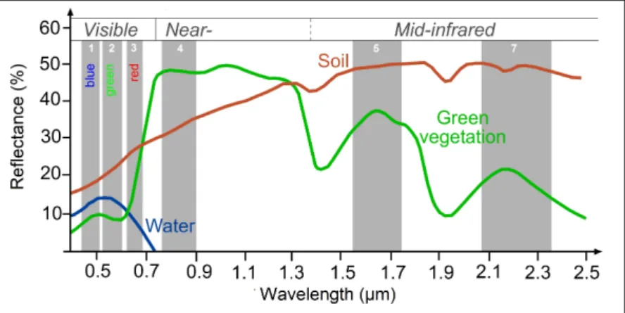 Figure 2.2: Spectral signatures of the water, green vegetation and soil within the different windows of the electromagnetic spectrum.