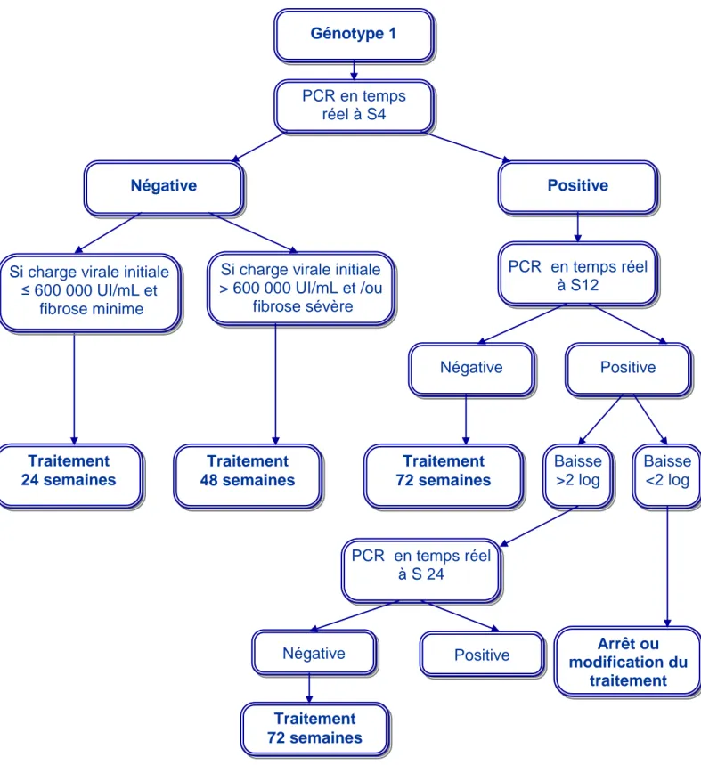 Figure 2 : Algorithme pour le traitement des malades infectés par le génotype 1                Négative Positive Négative PCR  en temps réel à S12 Baisse &gt;2 log Traitement 48 semaines Traitement 24 semaines 