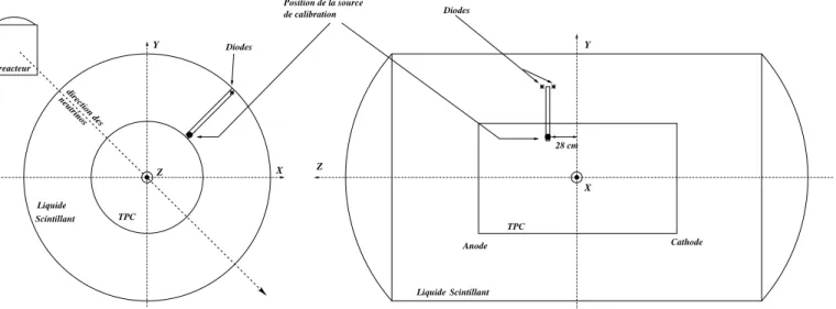 Fig. 3.2 { Positionnement de la source dans le detecteur et conventions d'orientation du detecteur.