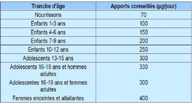 Tableau II : L’apport journalier recommandé en folates [109]. 