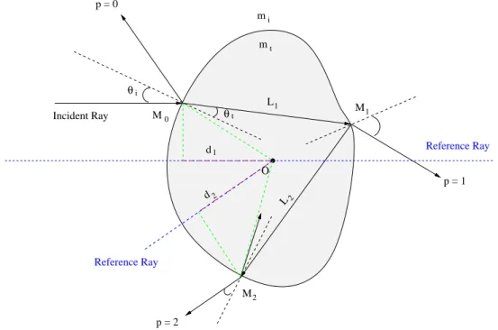 Figure 3.3: Schematic diagram of interactions between a ray and an irregular particle.