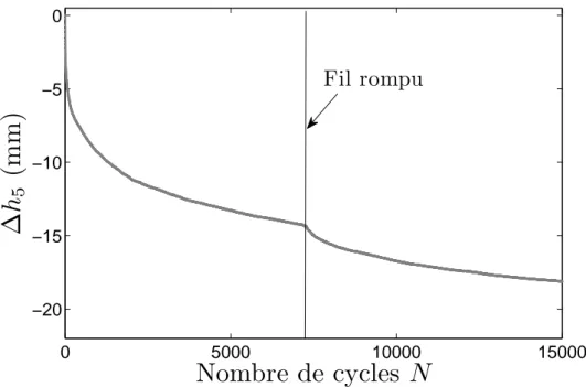 Figure 2.14  Déplacement de la surface libre ∆h 5 en fonction du nombre de cycle N à une fréquence de 0.02Hz pour une amplitude de cycle de  tempéra-ture pic à pic d'environ 10 ◦ C