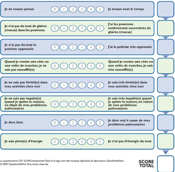 Tableau V : Questionnaire CAT (COPD Assessment Test™) pour évaluer la BPCO [62]. 