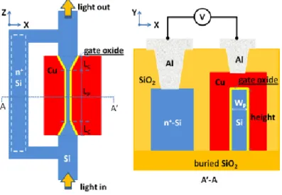 Figure 20: Structure of the arm of the CMOS compatible elector-absorption modulator and top view [65] 