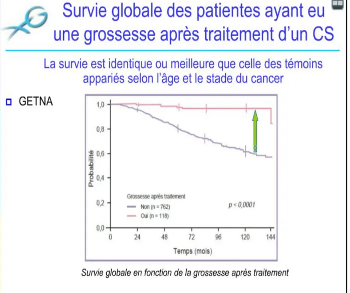 Fig 14 : survie globale des patientes ayant eu une grossesse après traitement d’un  cancer du sein